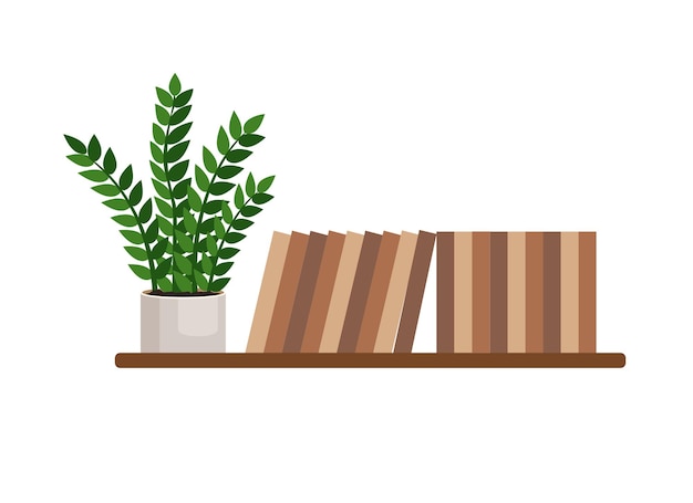 Étagère avec des piles de livres avec des plantes d'intérieur sur le mur Illustration vectorielle de l'intérieur