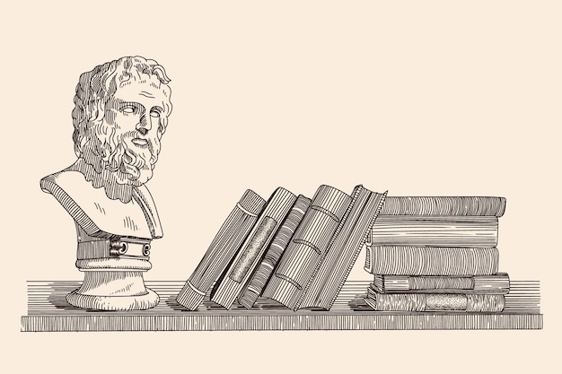 Une étagère avec une statue en plâtre d'Homère et des livres alignés. Dessin primitif linéaire