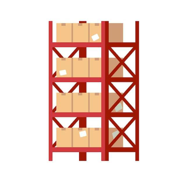 Étagères D'entrepôt Avec Des Boîtes. Support En Métal Rouge Avec Colis Fermés En Carton Carré Beige, Stockage Et Organisation De La Cargaison D'emballage, Expédition De L'industrie, Expédition De Marchandises Vector Illustration Isolée à Plat