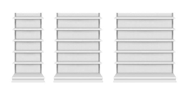 Vecteur Étagères de magasin et vitrine d'affichage de produit, maquettes réalistes isolées de vecteur. modèles isolés 3d