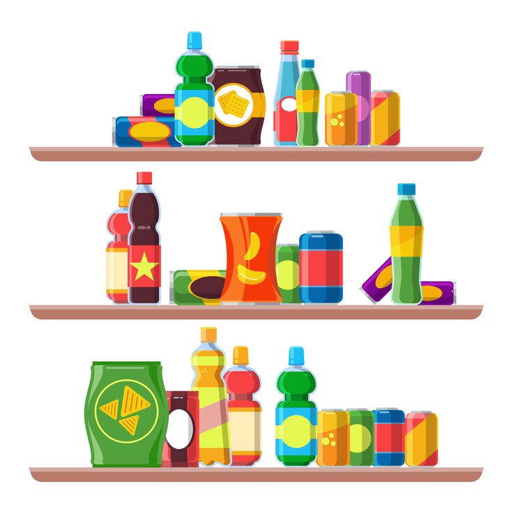 Vecteur étagères de produits de collation. aliments pour distributeur automatique boissons froides cola soda emballage malsain