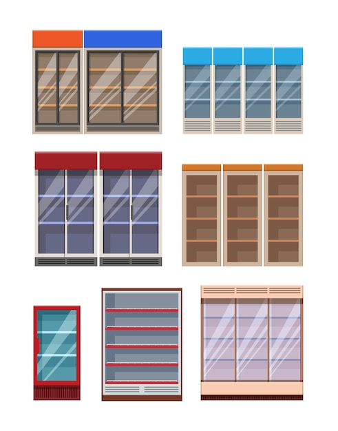Vecteur Étagères de supermarché vides de style catroon plat et modèles de réfrigérateurs