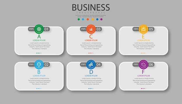 Étape d'infographie 6 éléments. diagramme graphique en boîte, conception de graphique d'entreprise