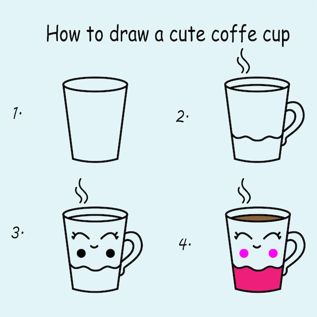 Vecteur Étape par étape pour dessiner un tutoriel de dessin de tasse à café, une leçon de dessin de tasse à café pour les enfants