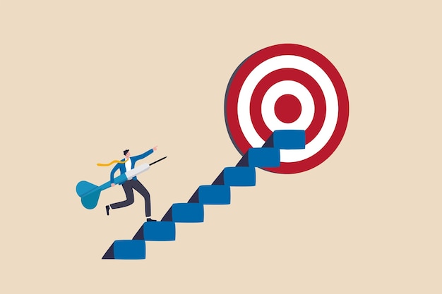 Étape de réussite pour atteindre l'objectif commercial, voyage croissant ou visant à atteindre la cible, l'ambition ou le concept de défi, homme d'affaires joyeux portant le pas de fléchette sur l'escalier pour atteindre le bullseye du jeu de fléchettes.