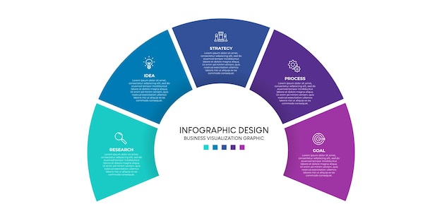 Étapes de conception de modèle infographique de processus de chronologie de visualisation de données d'entreprise avec des icônes