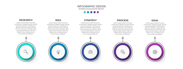 Étapes de conception de modèle infographique de processus de chronologie de visualisation de données d'entreprise avec des icônes