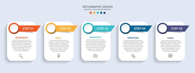 Étapes de conception de modèle infographique de processus de chronologie de visualisation de données d'entreprise avec des icônes