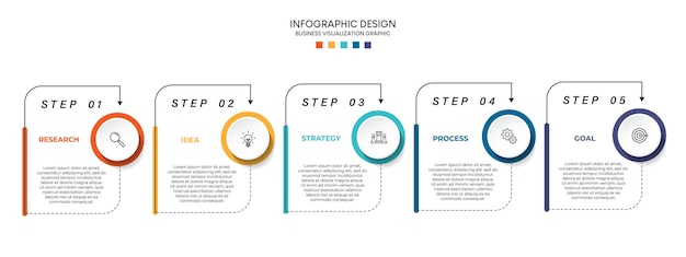 Étapes de conception de modèle infographique de processus de chronologie de visualisation de données d'entreprise avec des icônes