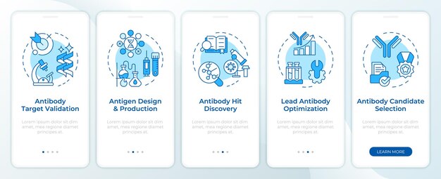 Étapes de la découverte d'anticorps écran d'application mobile d'intégration bleu