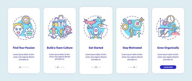 Étapes pour démarrer l'écran de la page de l'application mobile d'intégration de l'entrepreneuriat social. Instructions graphiques pas à pas en 5 étapes avec des concepts. Modèle vectoriel UI, UX, GUI avec illustrations en couleurs linéaires