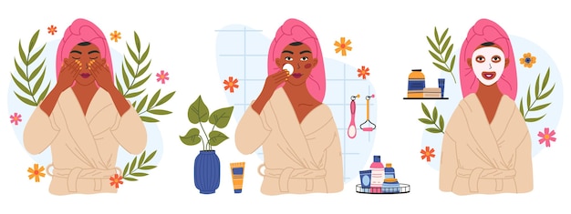 Vecteur Étapes de routine de soins de la peau de jeune femme appliquant un masque nettoyant et un sérum routine de soins de la peau avec des produits cosmétiques biologiques ensemble d'illustrations vectorielles