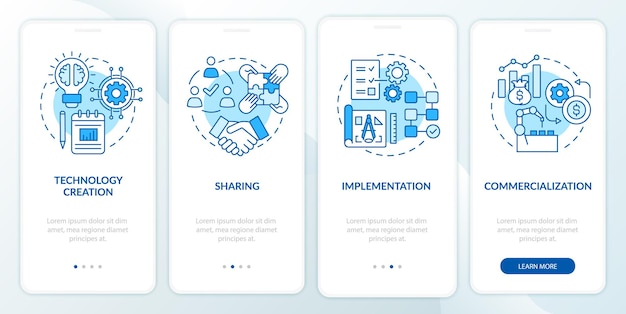 Les étapes De Transfert De Technologie D'intégration De L'écran De La Page De L'application Mobile. Procédure De Partage Et De Mise En œuvre Des Instructions Graphiques En 4 étapes Avec Des Concepts. Modèle Vectoriel Ui, Ux, Gui Avec Illustrations Linéaires En Couleurs