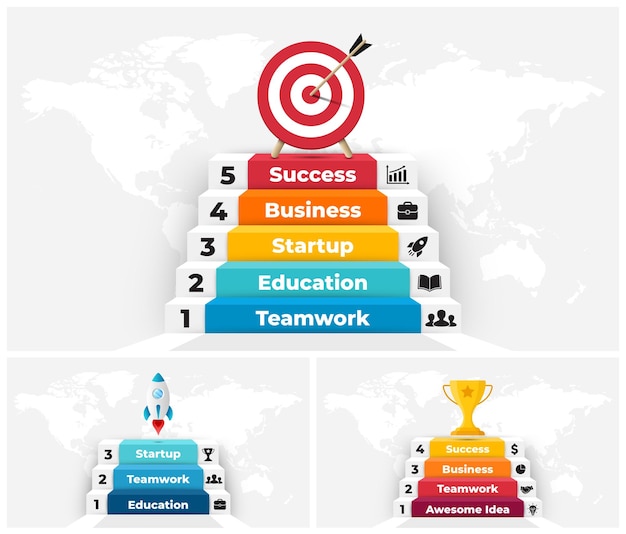 Vecteur Étapes vers le succès infographique début d'entreprise réussi étapes et objectif diagramme 3d diagramme de croissance