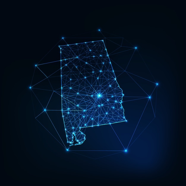 État de l'Alabama USA carte contour silhouette rougeoyante faite d'étoiles lignes points triangles, formes polygonales basses. Communication, concept de technologies Internet. Wireframe futuriste
