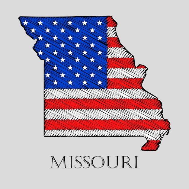 État du Missouri dans un style gribouillis - illustration vectorielle. Carte plate abstraite du Missouri avec l'imposition du drapeau américain.