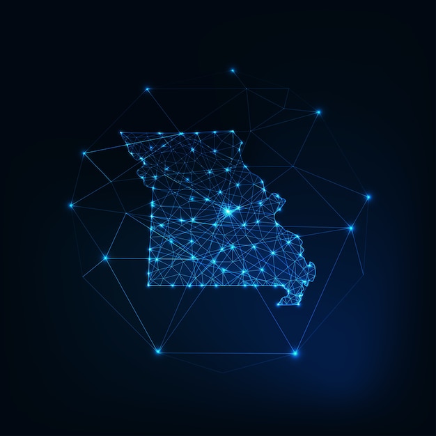 État Du Missouri Usa Carte Contour Silhouette Rougeoyante Faite D'étoiles Lignes Points Triangles, Formes Polygonales Basses. Communication, Concept De Technologies Internet. Wireframe Futuriste