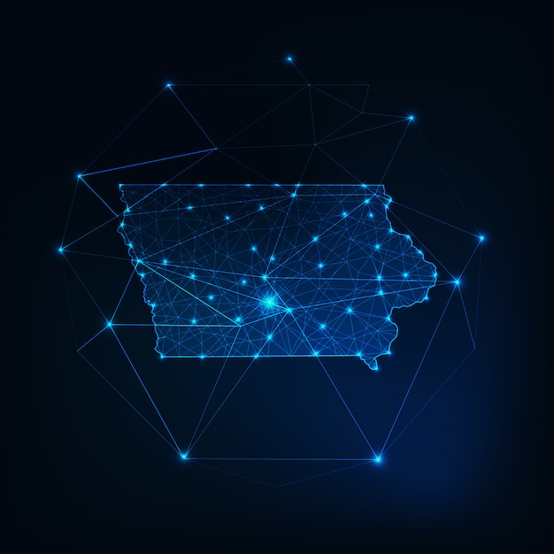 État Des états-unis Iowa Carte Lueur Silhouette Contour Fait De Triangles De Points étoiles Lignes, Basses Formes Polygonales.