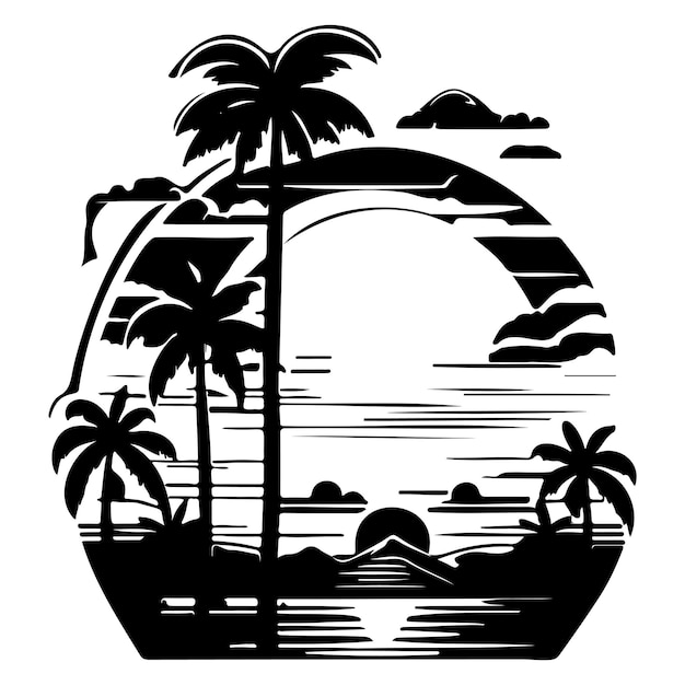 Vecteur l'été avec le coucher de soleil et les palmiers dessin d'illustration dessiné à la main