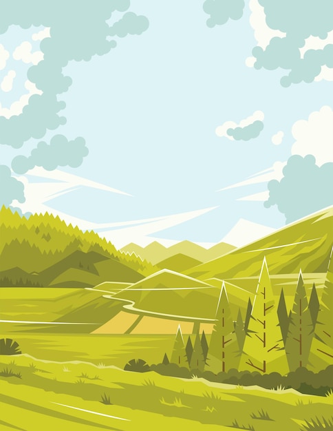 L'été dans la forêt. Une chaude journée d'été. Paysage d'une forêt d'été. Un beau paysage un jour de printemps. Image colorée lumineuse. Espaces ouverts de la nature. Illustration vectorielle. EPS 10