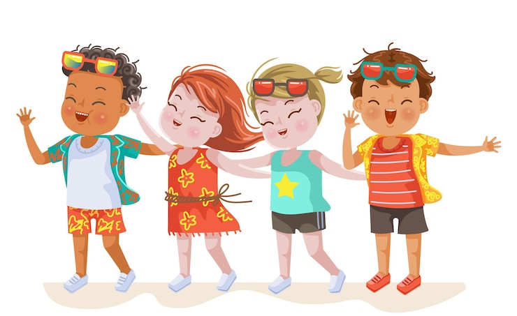 Vecteur été enfants mode filles et garçons ami sur le bord de la mer en vacances