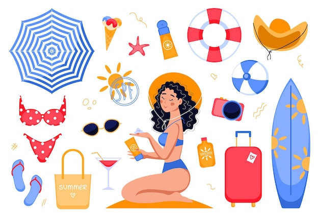 été, ensemble, soleil, parapluie, maillot de bain, lunettes soleil, natation, cercle, femme, utilisation, crème solaire, planche surf