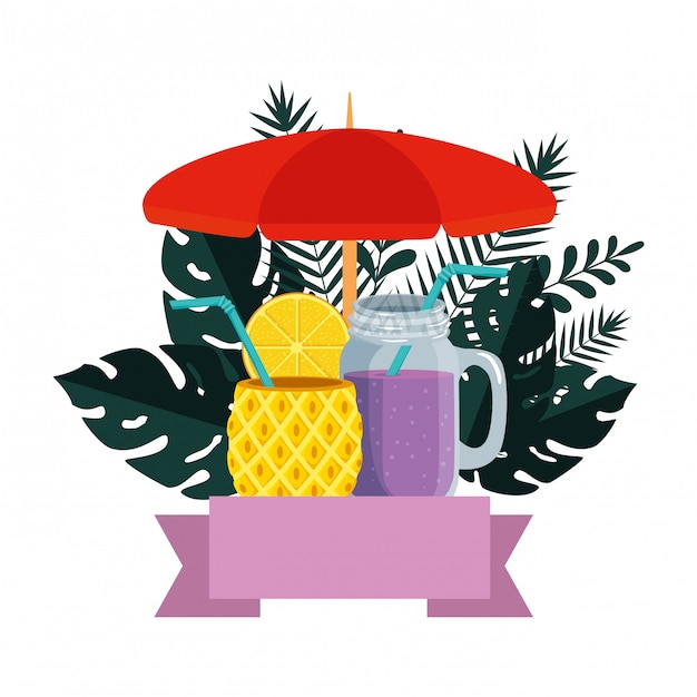 Vecteur Été avec feuilles tropicales et cocktails