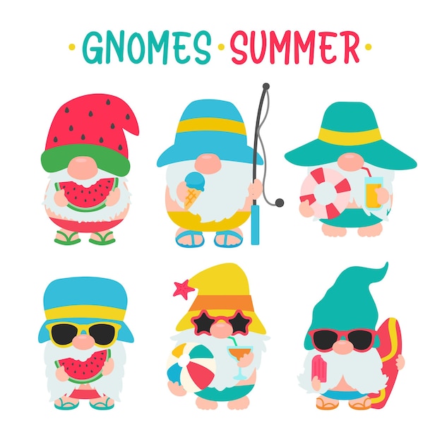 L'été des gnomes. Les gnomes portent des chapeaux et des lunettes de soleil pour les sorties estivales à la plage.