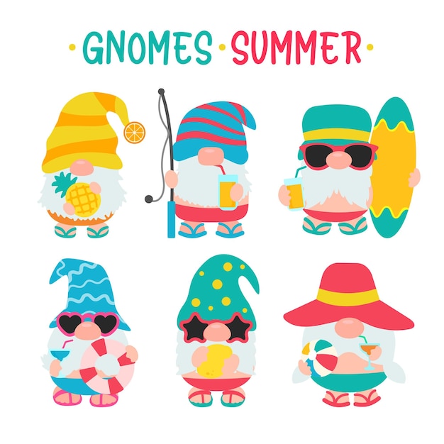 L'été des gnomes. Les gnomes portent des chapeaux et des lunettes de soleil pour les sorties estivales à la plage.