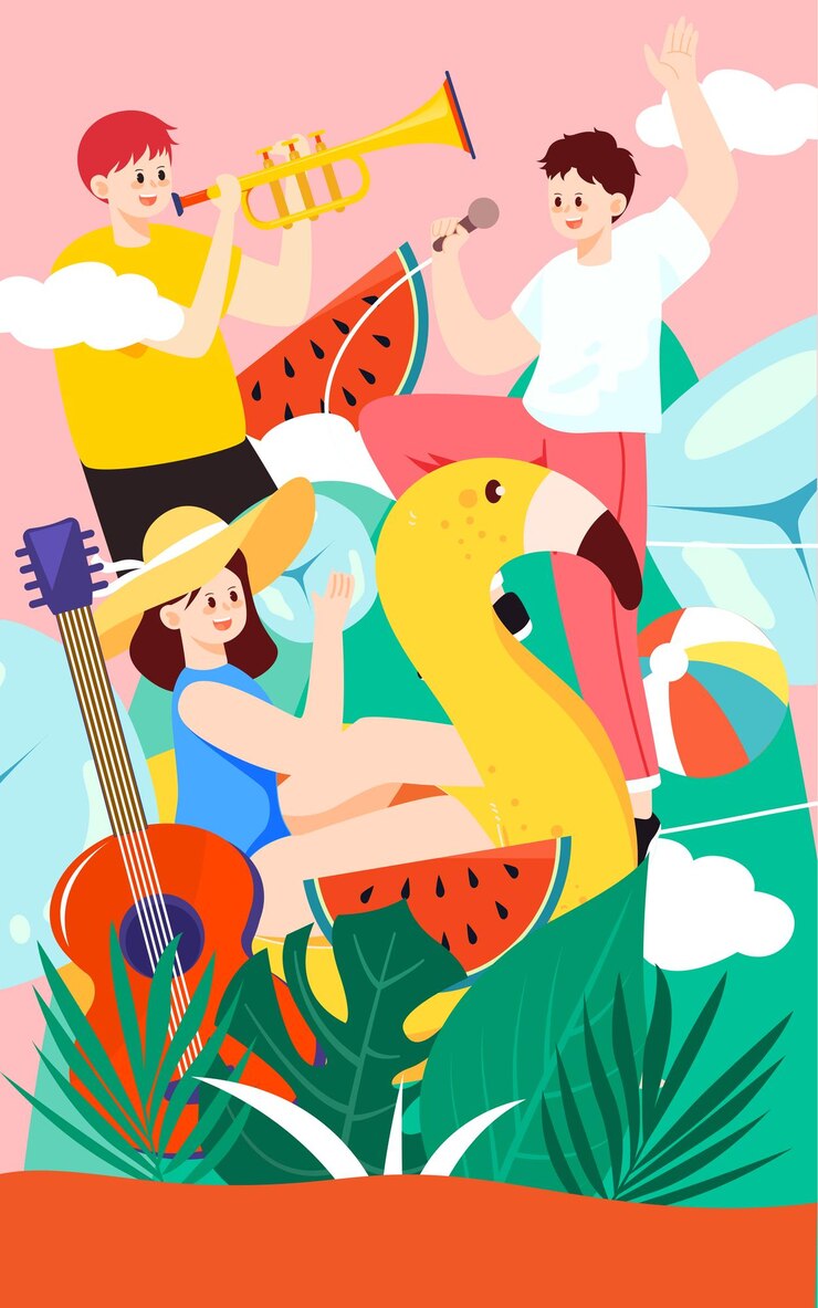 Été plage musique fête personnage été vacances balnéaires illustration vectorielle