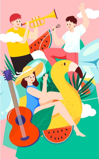 Vecteur Été plage musique fête personnage été vacances balnéaires illustration vectorielle
