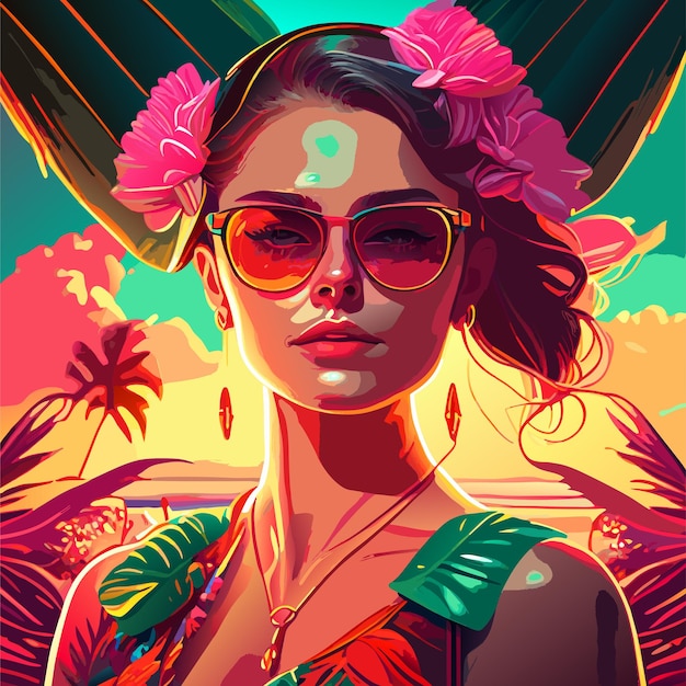 Été Tropical Avec Femme Dans Un Style Vintage Illustration D'été Pour T-shirt Affiche Flyer