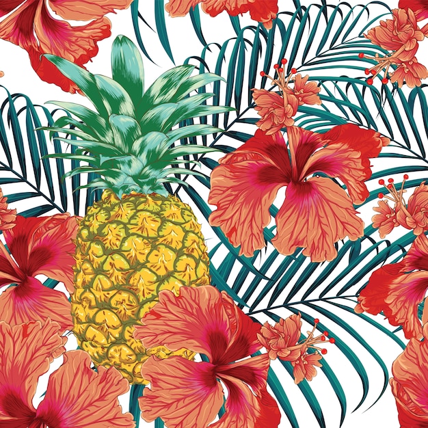 Été Tropical Modèle Sans Couture Avec Des Fleurs D'hibiscus Ananas Et Feuilles De Palmier Abstrait.