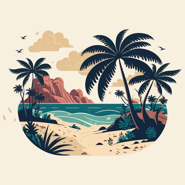 Été tropical plage océan coucher de soleil et lever du soleil vue dessin animé illustration vectorielle