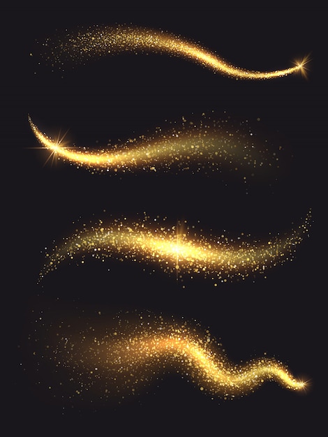 Étincelle Stardust. Vagues De Vecteur Magique Scintillant Doré Avec La Collection De Particules D'or