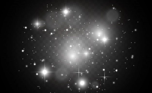 Des étincelles et des étoiles dorées scintillent effet de lumière spécial. scintille sur fond transparent. . Particules de poussière magiques scintillantes