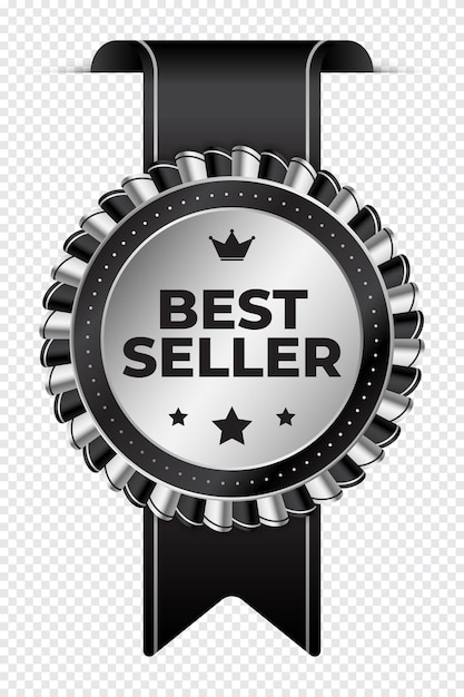 Étiquette autocollante best-seller avec médaille d'argent et ruban noir Étiquette de produit best-seller Badge d'étiquette dorée best-seller