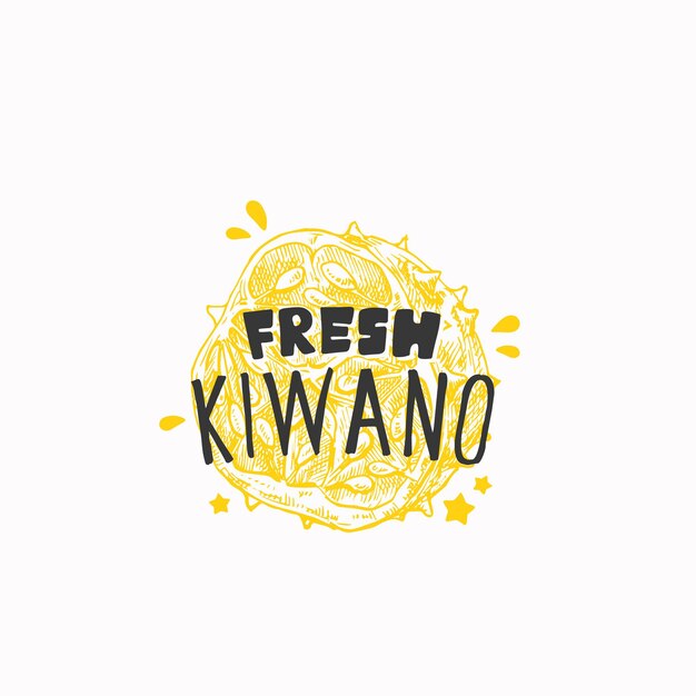 Vecteur Étiquette de badge kiwano frais juteux ou modèle de logo croquis de fruits dessinés à la main avec prem de typographie ludique ...