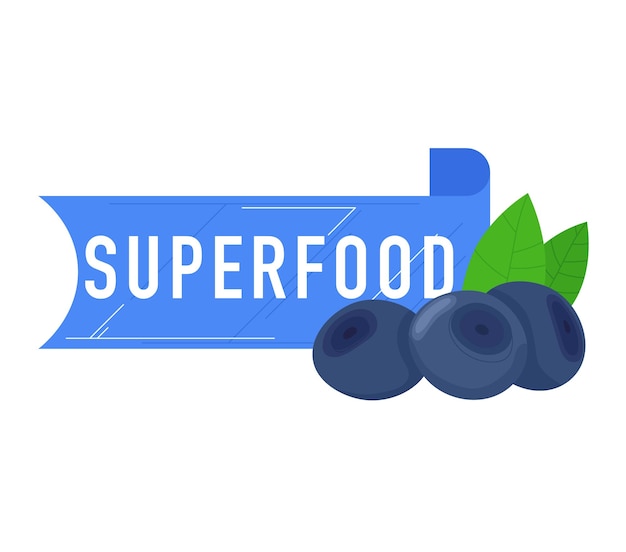 Vecteur Étiquette bleue de super aliment avec trois bleuets frais et des feuilles vertes alimentation et nutrition saines