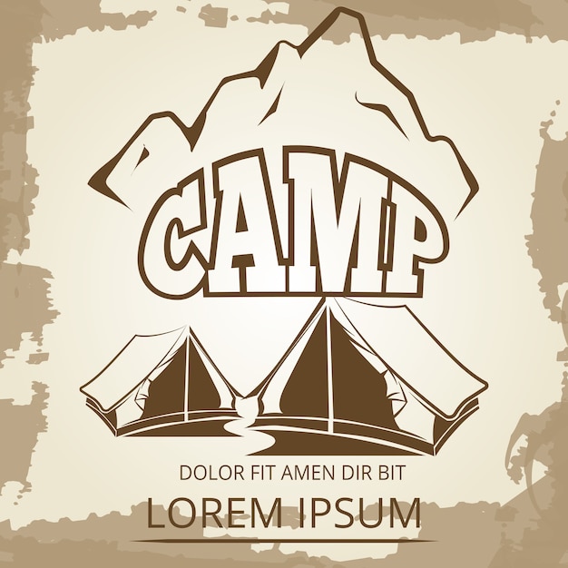 Étiquette De Camping Avec Des Tentes Et Des Montagnes Sur Fond Vintage