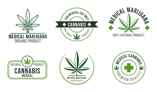 Étiquette de cannabis Thérapie de marijuana médicale plante de chanvre légale et plantes médicinales Traitement naturel ou produit médical biologique Modèles de logo de drogue de plante de feuille verte badges ensemble vectoriel isolé