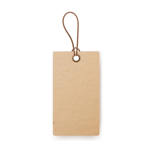 Étiquette En Carton Artisanale Avec Boucle Et Ficelle. étiquette De Prix Vintage En Papier Kraft De Forme Rectangle, Accrochée à La Ficelle. Insigne Beige De Carton Blanc Sur Le Fil. Illustration Vectorielle Isolée Sur Fond Blanc