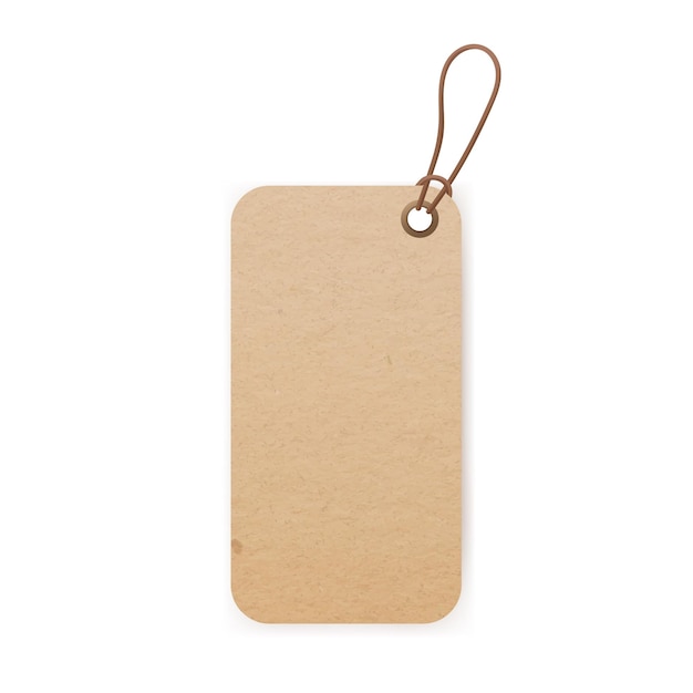 Etiquette en carton kraft sur ficelle, fil. Étiquette en carton de papier artisanal accrochée à la ficelle, cordon avec boucle. Maquette d'un badge marron rectangulaire vierge. Illustration vectorielle réaliste isolée sur fond blanc.