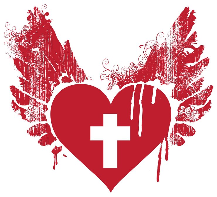 Vecteur étiquette avec coeur ailé et croix