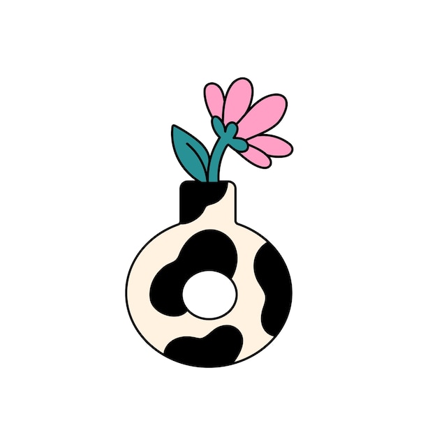 Vecteur Étiquette colorée de plante d'intérieur funky fleur abstraite dans un vase tacheté de forme ronde plante groovy poussant dans un pot en cercle trippy dans un style rétro illustration vectorielle isolée plate sur fond blanc