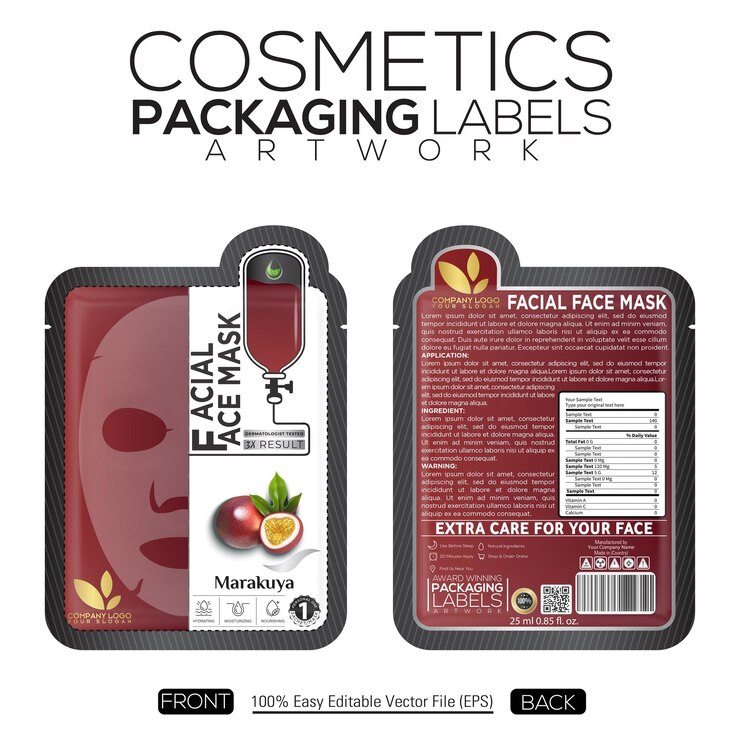 Vecteur étiquette d'emballage de cosmétiques artwork masque facial design de poche avec marakuya