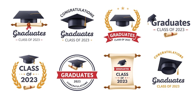 Étiquette de graduation Classe de 2023 félicitations diplômés typographie conception cérémonie de remise des diplômes badges ensemble de modèles vectoriels