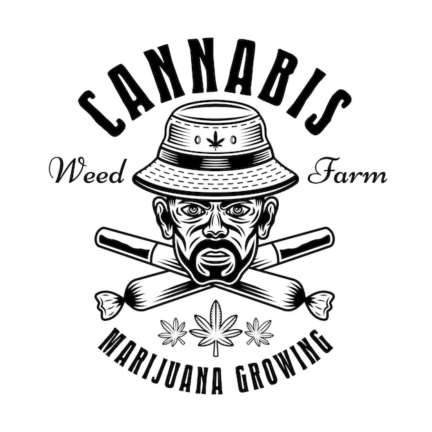 Vecteur Étiquette ou logo d'insigne d'emblème de vecteur de culture de marijuana avec tête de stoner en chapeau de seau et deux joints de mauvaises herbes croisés illustration dans un style monochrome vintage isolé sur fond blanc