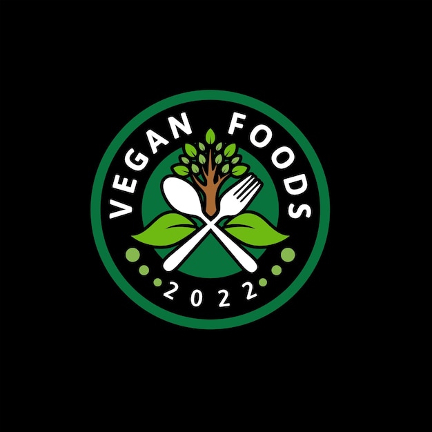 Étiquette De Logo Pour Les Produits Alimentaires Végétariens Ou La Conception De Vecteur De Personnes Végétaliennes Avec Icône De Plante Et Couverts