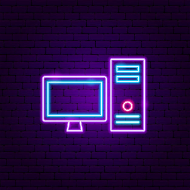 Étiquette néon PC. Illustration vectorielle de la promotion de l'électronique.